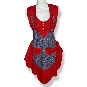 Handmade Apron‎ Red Blue Floral Scalloped Tie Waist Feminine Girly Country